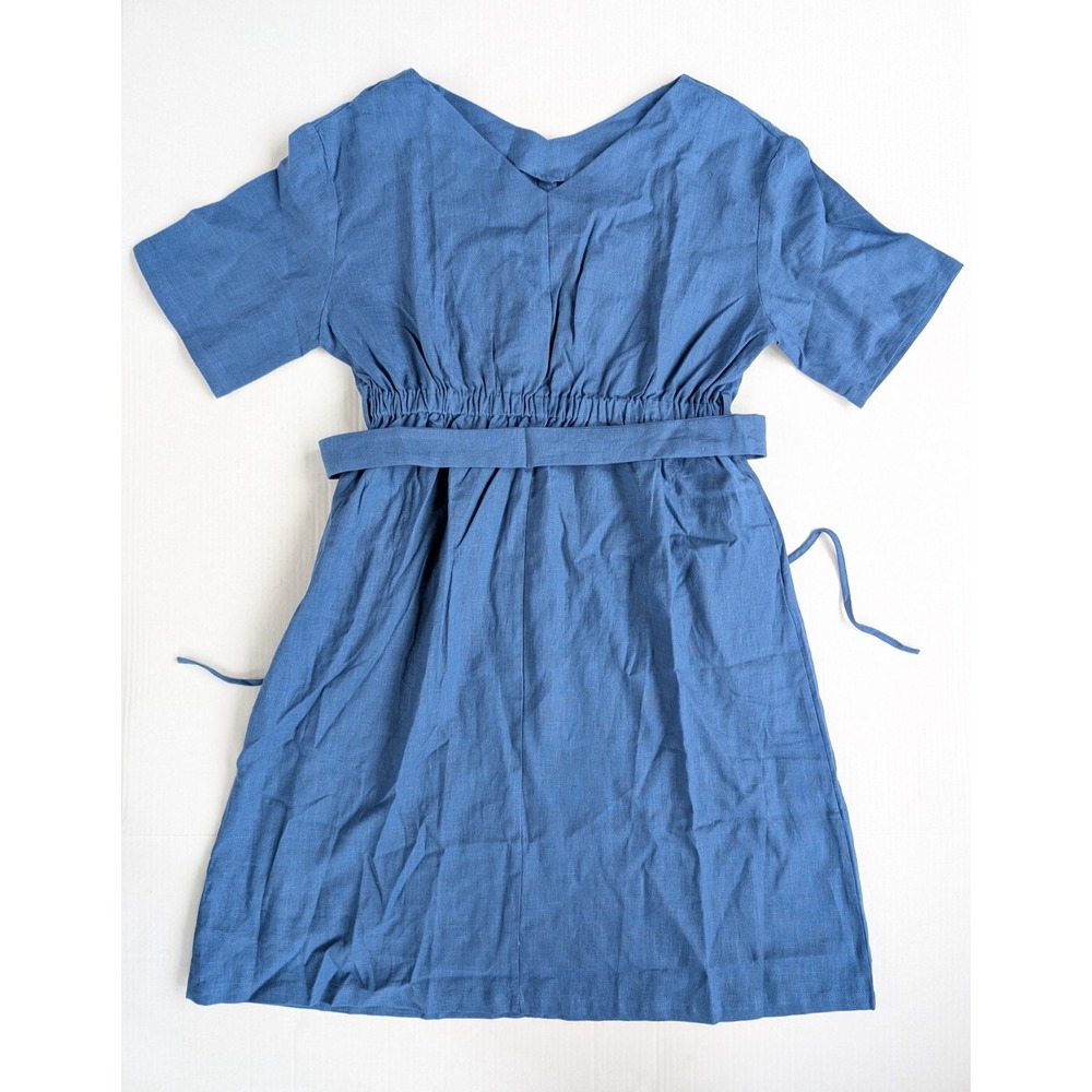 Lintico Serena Dress Womens Medium NWT Blue Linen V-Neck Fabric Belted - Picture 1 of 7